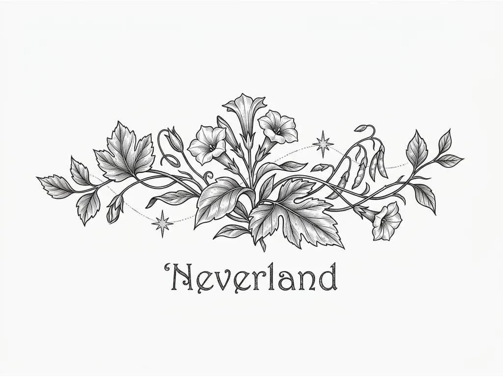 Тату эскиз: Сделай мне эскиз татуировки
Надпись: Neverland
Шрифт: Magic sparkle new regular
И совмести чтобы были две звезды те самые, как путь в Нетландию, создай сам как чувствуешь, чтобы прям чувствовался вайб этого места, Питера Пена, самой Нетландии и волшебства
Не делай слишком много деталей, она должна быть компактной на предплечье