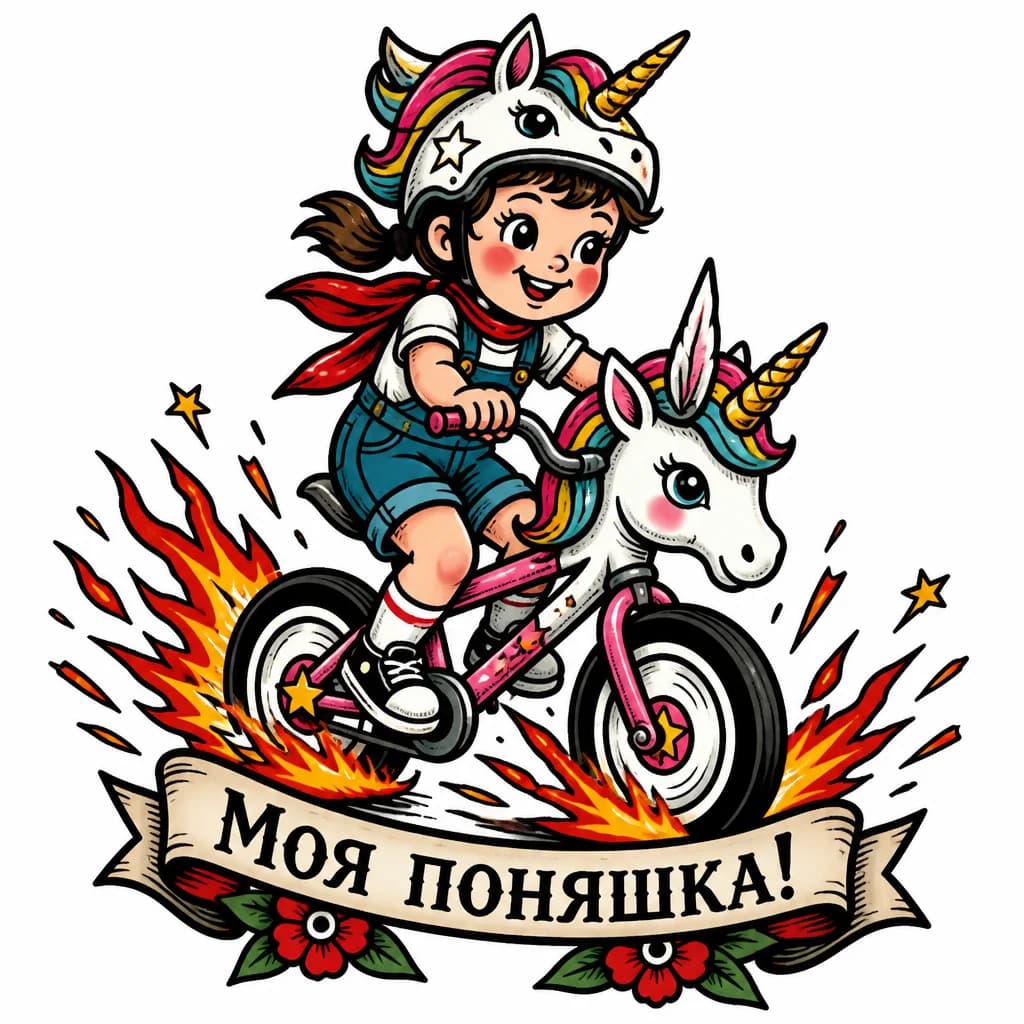 Тату эскиз: Ребенок 5-6 лет который улыбается едет на велосипеде а из под колес вылетают искры и пламя и все это в стиле единорогов
