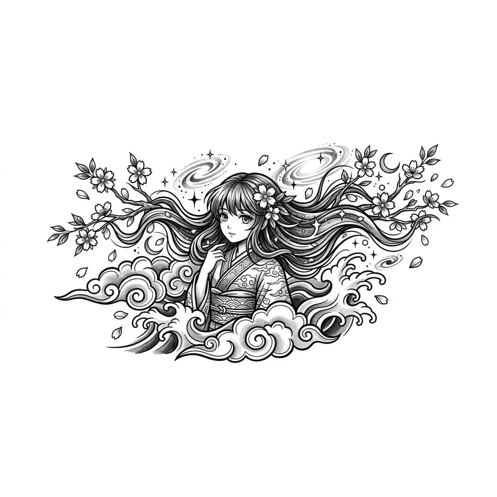 Тату эскиз: An anime girl character in manga style with long flowing hair that transforms into cherry blossom branches and cosmic stars, black and white line art, ethereal and dreamy aesthetic, sakura petals and galaxies intertwined with hair strands, detailed eyes with Japanese anime characteristics, tattoo flash sheet illustration, white background, high contrast, clean lines