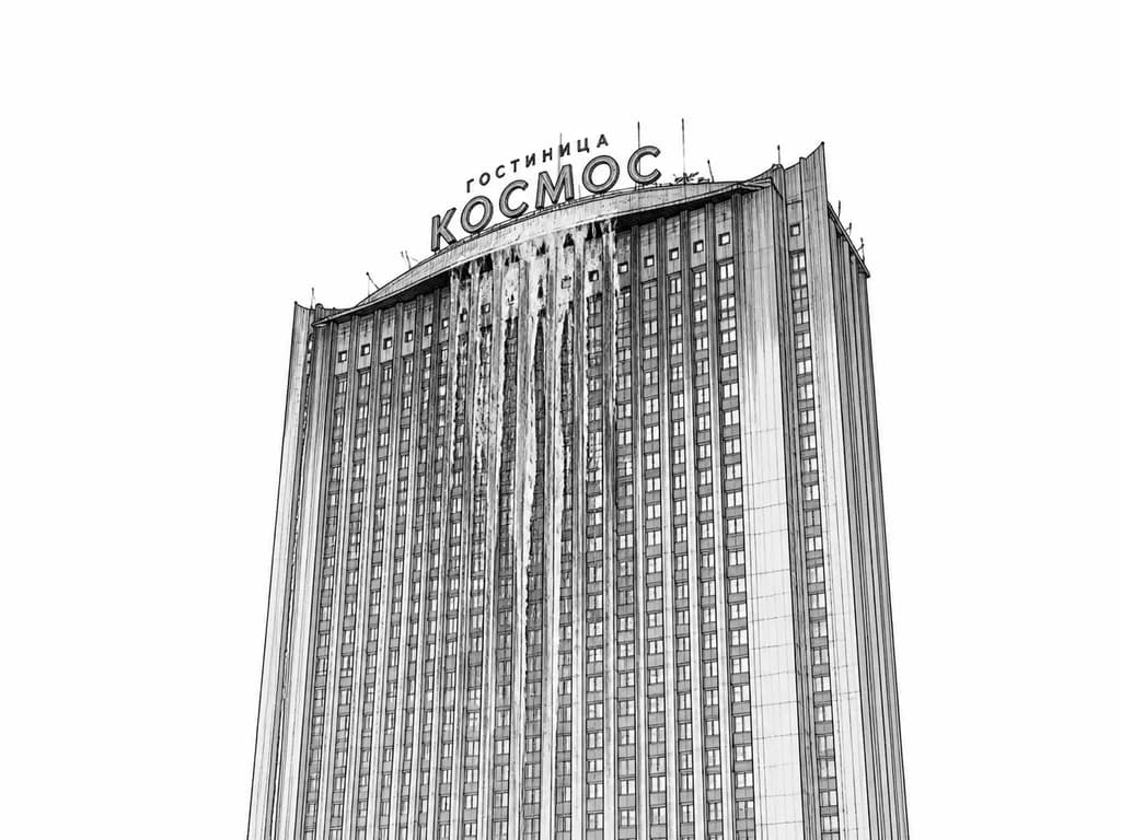 Тату эскиз: Гостиница "Космос" в Москве в реалистичном стиле. С крыши стекает кровь до середины здания. Изображение в полный масштаб, но нижняя часть здание не должна быть видна, просто обрежь . Здание повернута слегка в 3/4 по часовой стрелке, центрально расположен. Высокая детализация.