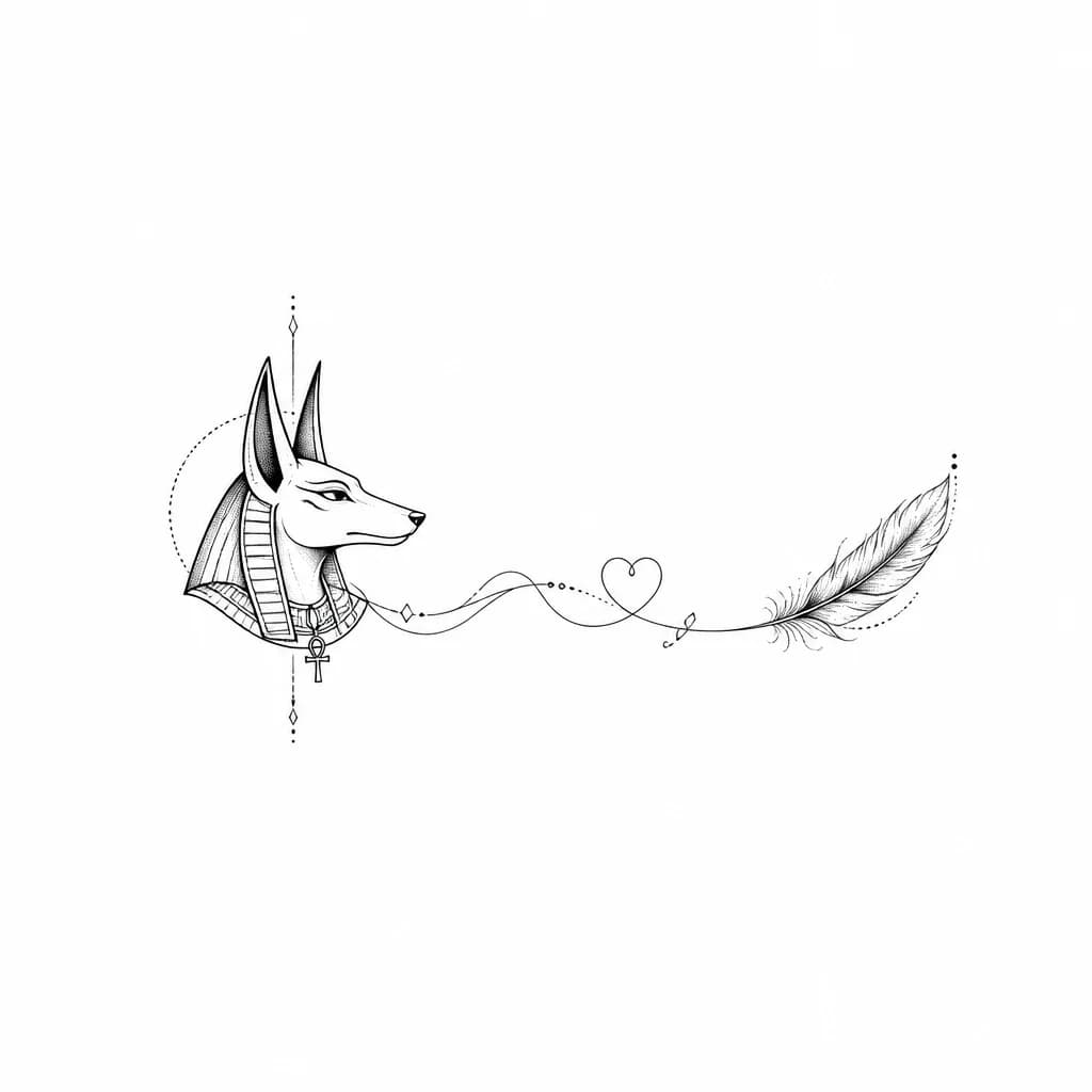 Тату эскиз: Delicate fine line tattoo design for a woman's upper left chest near the collarbone. Elegant and minimalist. Small, graceful profile of Egyptian god Anubis with very clean, thin outlines. A thin, wavy geometric line extends from him, incorporating a tiny, simple contour heart and a soft, airy, lightweight feather. Micro tattoo style, single needle, dotwork accents, feminine and subtle, isolated on a pure white background.