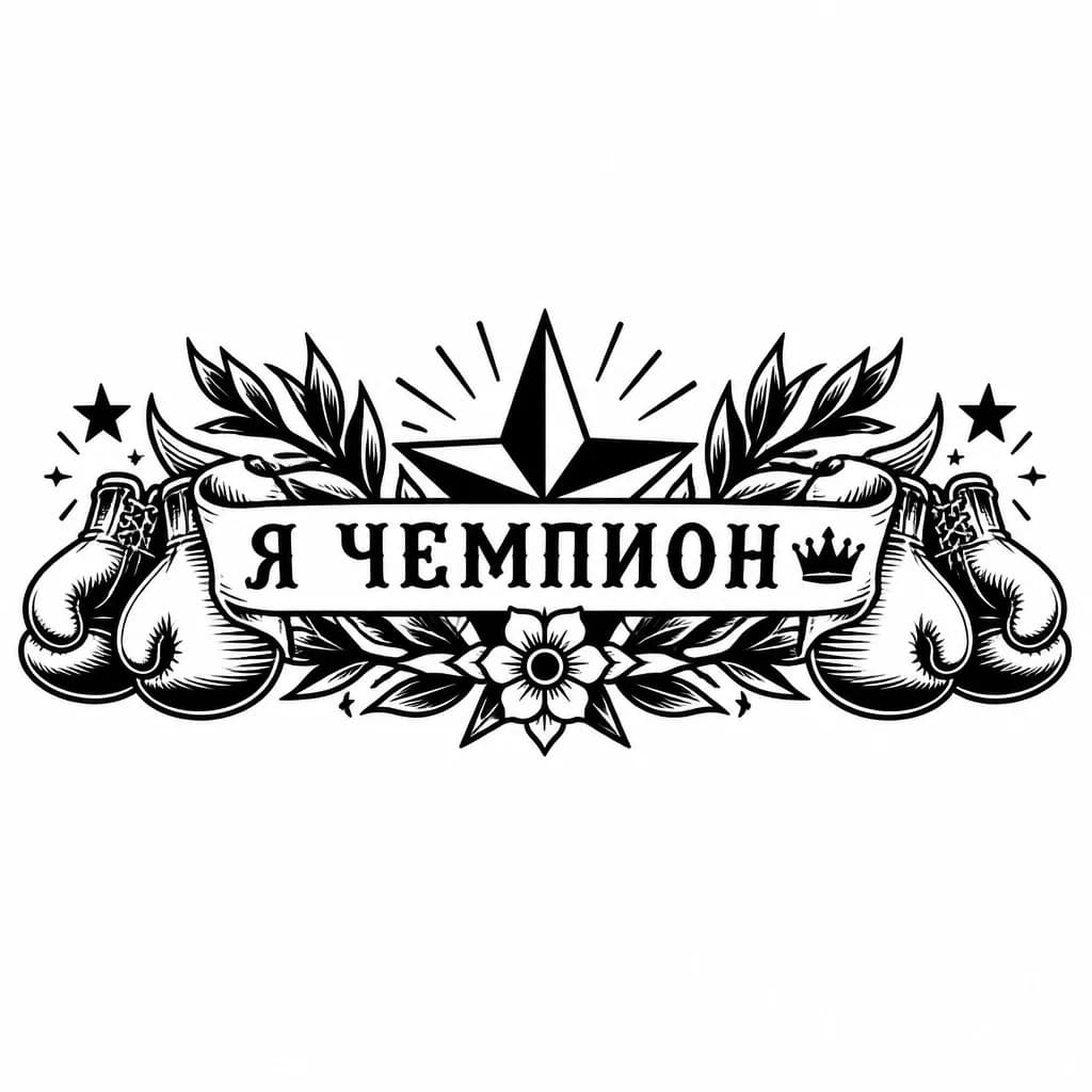 Тату эскиз: Хочу надпись "Я чемпион" и чтобы на конце надписи была корона, так же чтобы свисали боксёрские перчатки