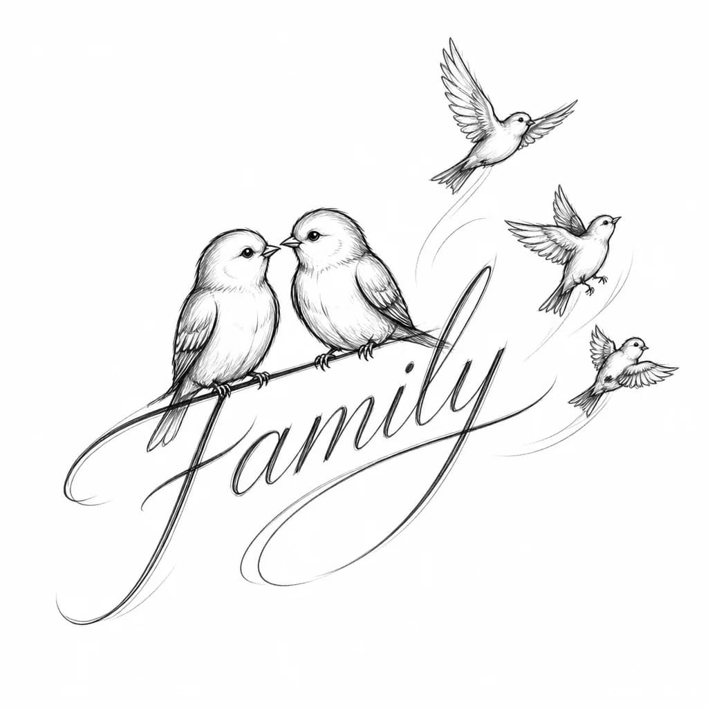 Тату эскиз: Надпись: слово Family выполнено наискось, тонкими, изящными линиями, чтобы создать ощущение лёгкости и динамики.
Птицы: на самом слове сидят две птицы с радостными, дружелюбными выражениями лиц, они смотрят друг на друга, что символизирует гармонию и поддержку в семье.
Птенцы: рядом со словом от птиц в разные стороны улетают три птенца, каждый в своей уникальной позе — один расправил крылья, другой только взлетает, третий оглядывается назад.
Стиль: минимализм