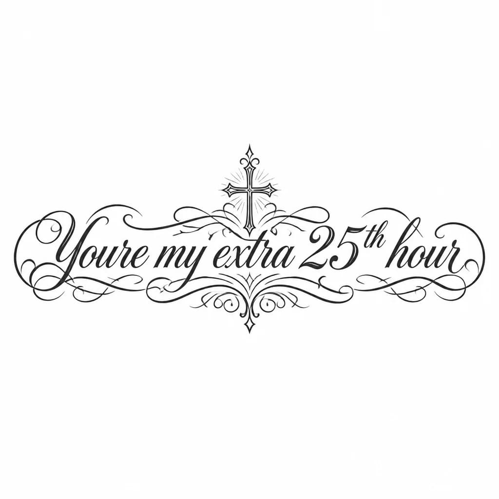 Тату эскиз: фраза на английском: You're my extra 25th hour
чтобы фраза была одной строчкой
без лишних рисунков просто текст, фраза