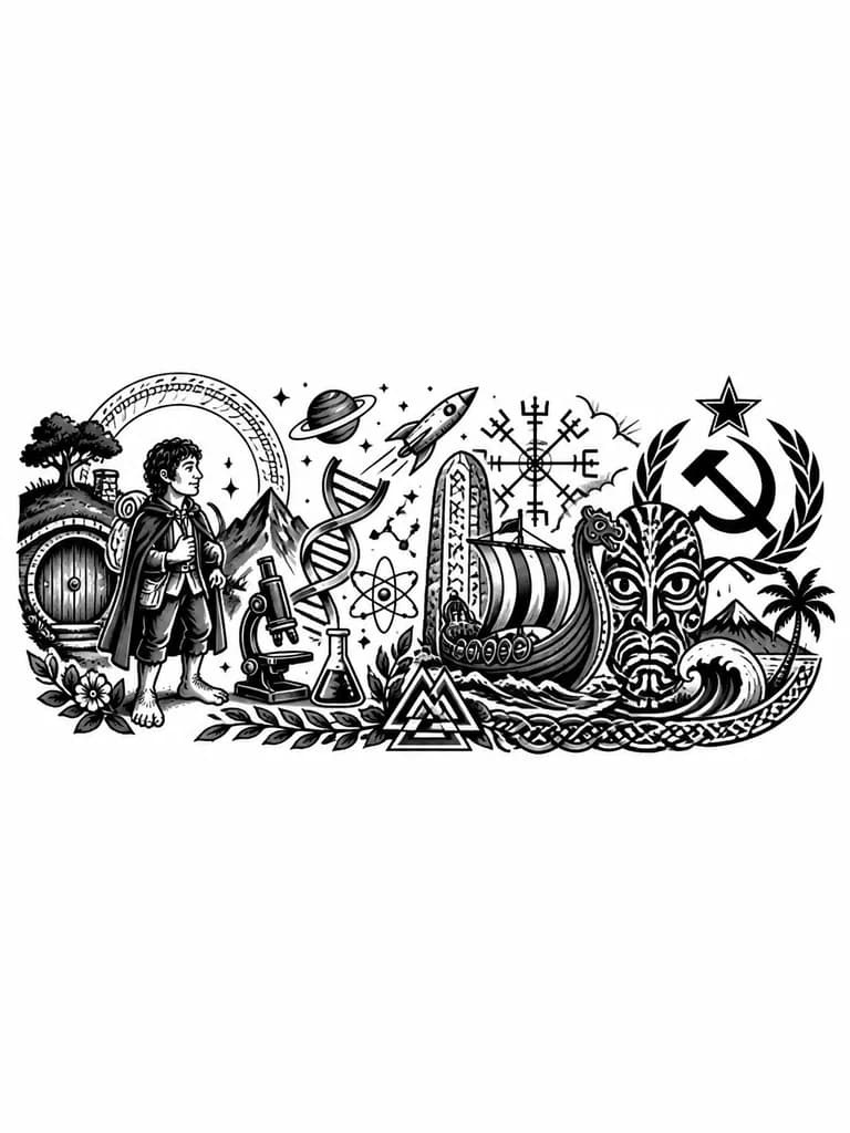 Тату эскиз: 1) Властелин колец
а) Хоббит
2) Наука, космос, днк, биология
3) Скандинавия, руны
4) Маори, океания
5)Коммунизм, СССР
