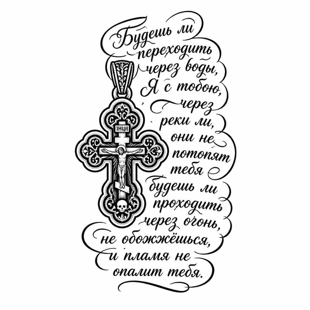 Тату эскиз: Создай татуировку в виде текста: Будешь ли переходить через воды, Я с тобою, — через реки ли, они не потопят тебя; будешь ли проходить через огонь, не обожжёшься, и пламя не опалит тебя. Текст расположи справа на груди, форму текста сделай по форме груди, текст сделай на кириллице в шрифте вязь, в середине текста расположи православный крест энколпион размерами 7 на 5 сантиметров