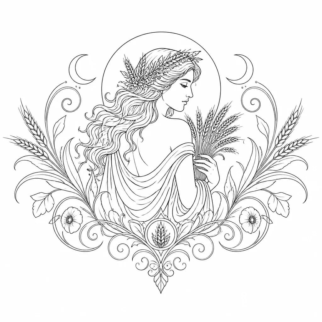 Тату эскиз: Detailed tattoo sketch of the Greek goddess Demeter, designed for the upper back and shoulder blades, symmetry composition. In the center, a beautiful and sere