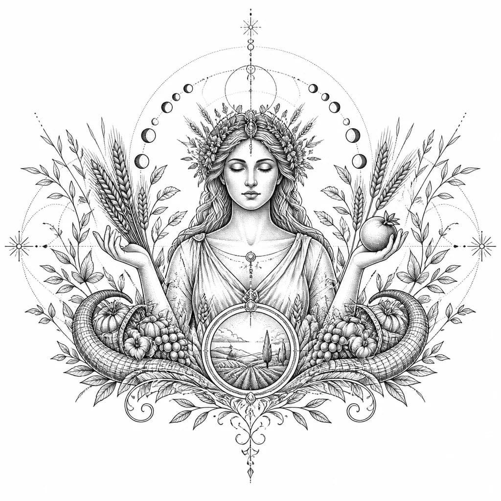 Тату эскиз: Detailed tattoo sketch of the Greek goddess Demeter, designed for the upper back and shoulder blades, symmetry composition. In the center, a beautiful and sere