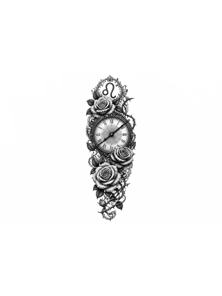 Тату эскиз: Ornate Roman numeral clock face showing 13:08, surrounded by blooming roses with thorny stems, Leo zodiac symbol at the top, black and white monochrome ink, vintage elegant style, detailed botanical elements, professional tattoo design, tattoo flash sheet illustration, white background, high contrast, clean lines