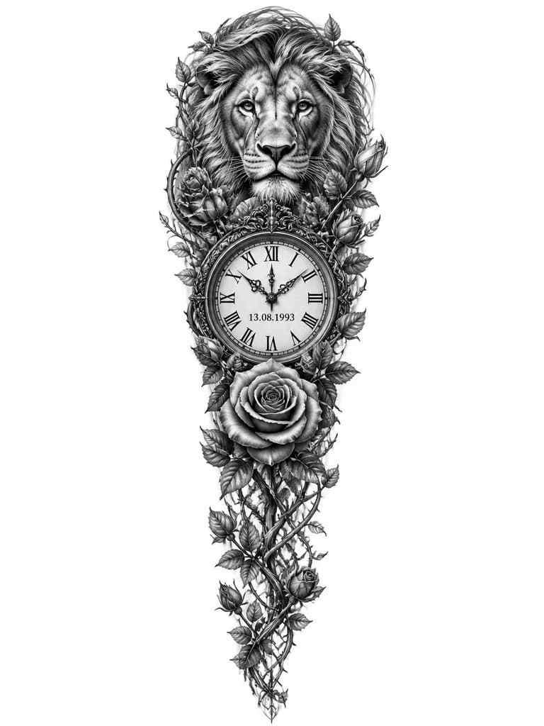 Тату эскиз: Ornate Roman numeral clock face showing 13.08.1993 with a calm lion head integrated into the top of the clock design. Detailed rose buds with stems and thorns wrapping around the clock body. Black and white monochrome realistic style, fine linework, tattoo flash sheet illustration, white background, high contrast, clean lines