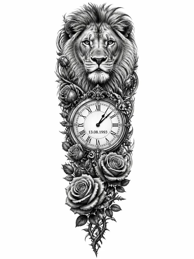 Тату эскиз: A majestic lion head facing forward with a calm, not aggressive expression in black and white realistic style. Below the lion, ornate Roman numeral clock face with hands pointing to 13.08.1993. Surrounding the clock are detailed rose buds with thorny stems. Monochrome ink, high detail realism, tattoo flash sheet illustration, white background, high contrast, clean lines