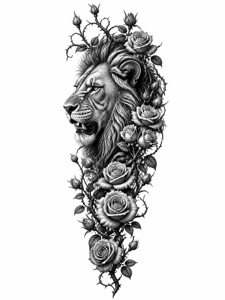 Тату эскиз: Black and white realistic portrait of a wise lion head in profile with slightly opened mouth showing teeth, surrounded by detailed rose buds and thorny vines. Monochrome ink, high contrast realistic style, intricate details on mane and facial features, botanical elements intertwined around the head, professional tattoo flash sheet illustration, white background, high contrast, clean lines