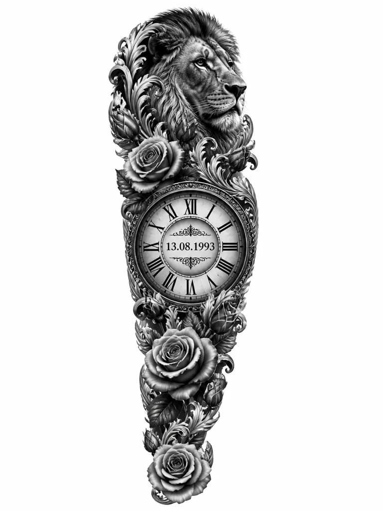 Тату эскиз: Black and white realistic composition featuring Greek clock face with date 13.08.1993 in center, surrounded by detailed wise lion head and delicate rose buds arranged symmetrically, monochrome ink, high contrast realism, intricate details, balanced circular design, professional tattoo flash sheet illustration, white background, high contrast, clean lines