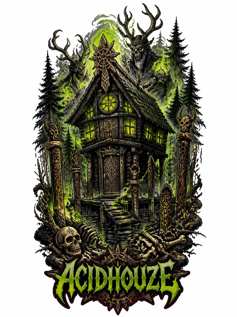 Тату эскиз: Dark mystical tattoo inspired by ATL & Zaraza ‘Acid House’: crooked wooden house standing in a swamp among dense pine forest, toxic green glowing windows, black water, fog, bones in mud, Chuvash pagan ornaments and solar symbols carved into wood, ritual poles, antlered forest spirits emerging from smoke, cursed folklore atmosphere, black & grey horror realism with neon acid-green accents, highly detailed tattoo composition.