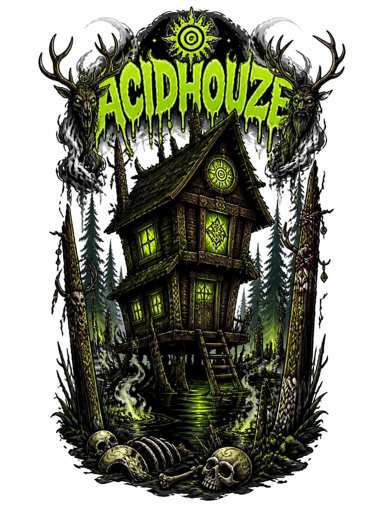 Тату эскиз: Dark mystical tattoo inspired by ATL & Zaraza ‘Acid House’: crooked wooden house standing in a swamp among dense pine forest, toxic green glowing windows, black water, fog, bones in mud, Chuvash pagan ornaments and solar symbols carved into wood, ritual poles, antlered forest spirits emerging from smoke, cursed folklore atmosphere, black & grey horror realism with neon acid-green accents, highly detailed tattoo composition. Текст должен быть в кислотном стиле, будто расплывается краска