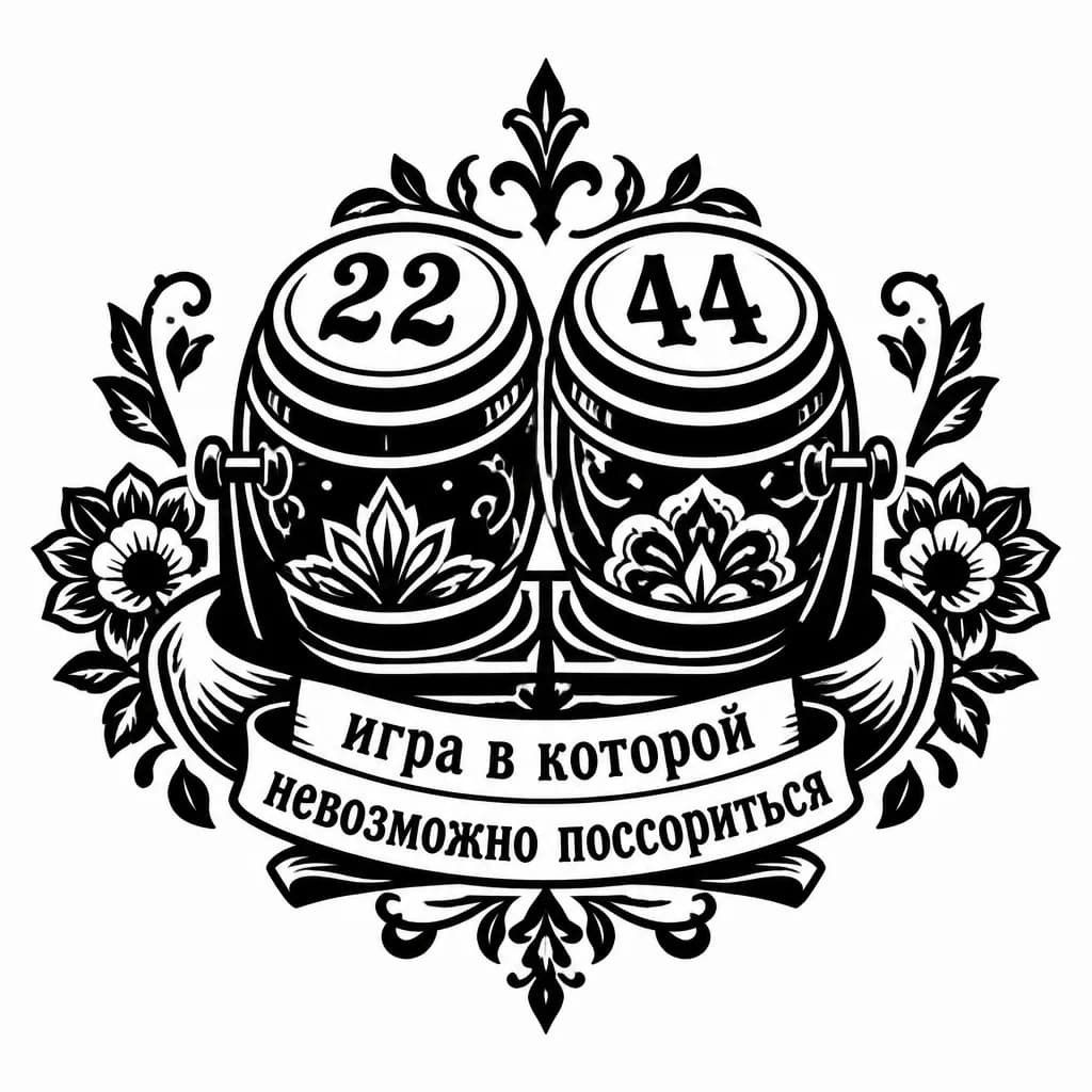 Тату эскиз: сделай эскиз парной татуировки. два бочонка из лото у которых сверху написаны числа 22 и 44, а на боку написано "игра в которой невозможно поссориться"
