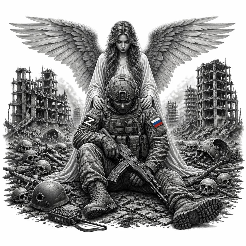 Тату эскиз: Тату на всю спину. Девушка ангел стоит сзади солдата положила ему руки на плечи, современный российский солдат сидит на земле, одна нога вытянута, другая немного согнута, на фоне разрушенных многоэтажек, на земле валяются черепа, простреленные каски, рядом лежит радиостанция, автомат ак-74.