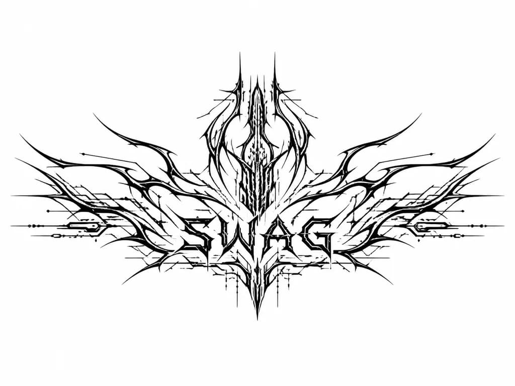 Тату эскиз: Слово SWAG на животе, буквы в стиле киберсигилизм, вверх по талии идут узоры, подчеркивая талию, узоры тоже в стиле киберсигилизм, горизонтально, без лишних деталей