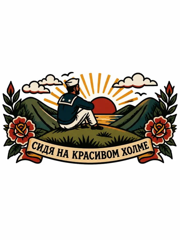 Тату эскиз: Тату на руке и олдскул стиле. Холм, солнце и напись по русски :" Сидя на красивом холме" . Надпись по контуру холма