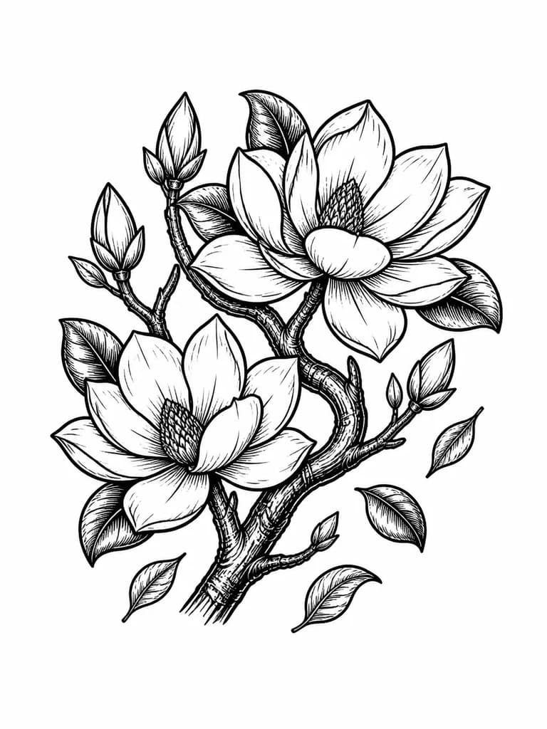 Тату эскиз:
black lineart tattoo design, realistic woodcut style, magnolia branches with rough bark and knots, two large magnolia flowers (6–7 petals each, 4–5 cm in diameter) and several buds, some oval magnolia leaves attached to branches, a few falling leaves drifting separately, composition placed on outer shoulder and curving up to collarbone, total length 20 cm, black