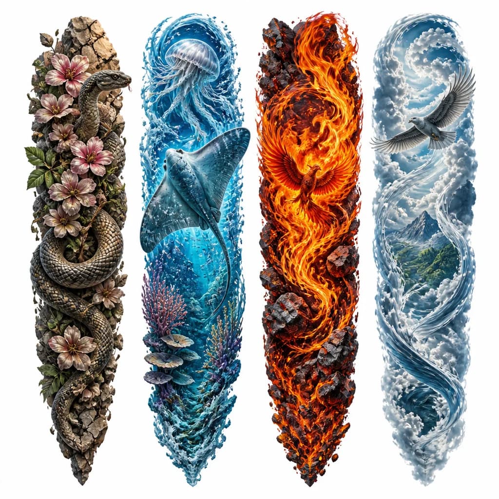 Тату эскиз: Хотела бы именно у Вас продолжить делать рукав.
Уже есть одна татуировка.
Есть идея для продолжения, но пока не совсем сформировавшаяся.
Четыре стихии: земля, вода, огонь, воздух.
Как Вы понимаете Земля начата. Осталось реализовать 3 оставшиеся.
Вода со скатом и медузой.
Огонь и воздух пока в раздумьях.
Земля это уже змея с цветами осталось придумать 3 другие