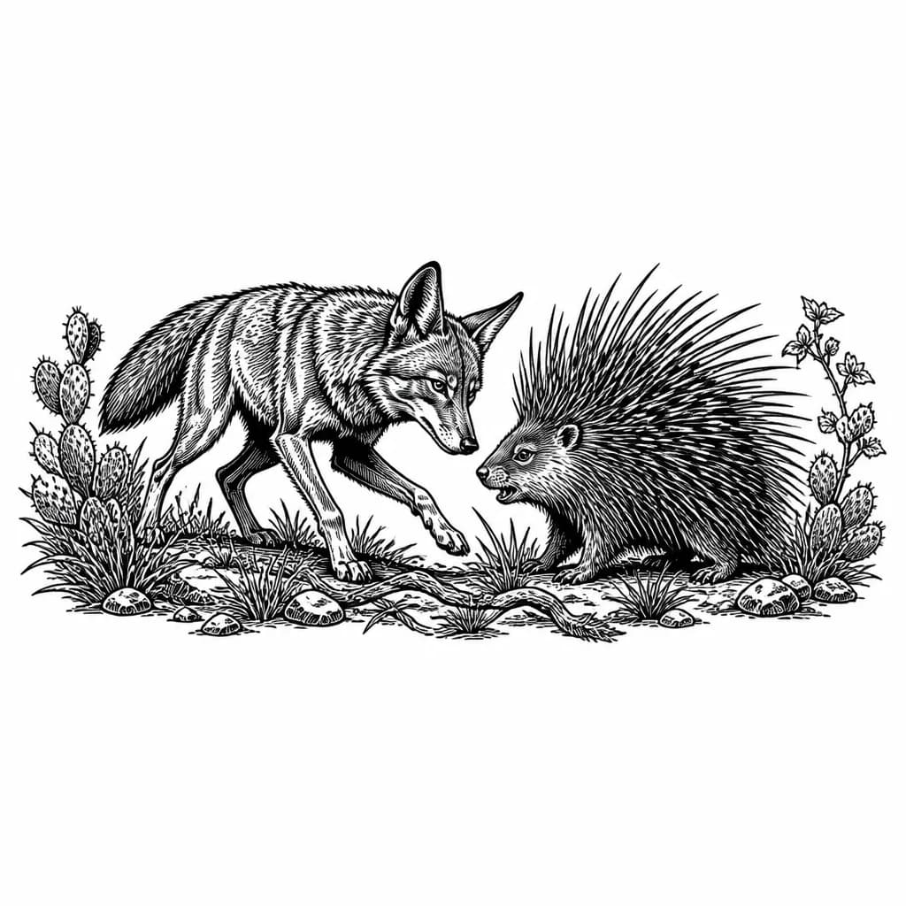 Тату эскиз: A vintage woodcut engraving tattoo design of a cunning coyote and a spiky porcupine interacting, black ink, white background, detailed cross-hatching, highly detailed, linework, etching style.