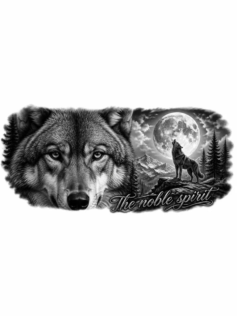 Лицо волка. Другой волк вдали воет на луну.