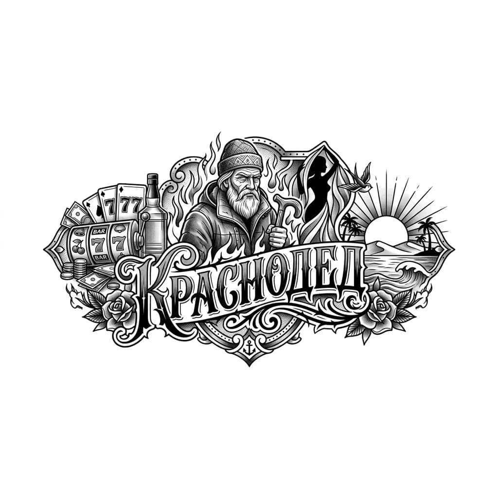 Тату эскиз: Красивая девушка, деньги, игровые аппараты, огонь, солнце,песок и море, секс, 777, алкоголь, красный дед