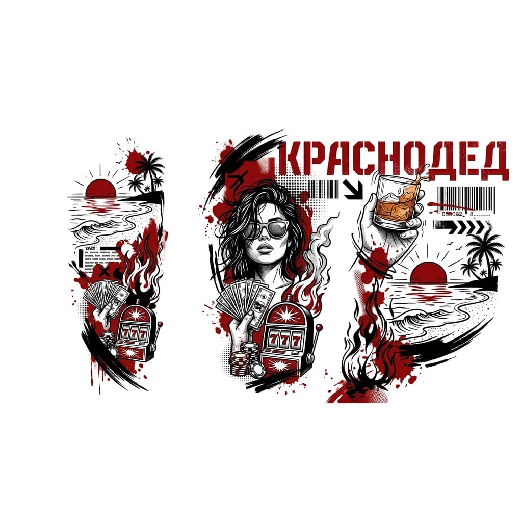 Тату эскиз: Красивая девушка, деньги, игровые аппараты, огонь, солнце,песок и море, секс, 777, алкоголь, красный дед
