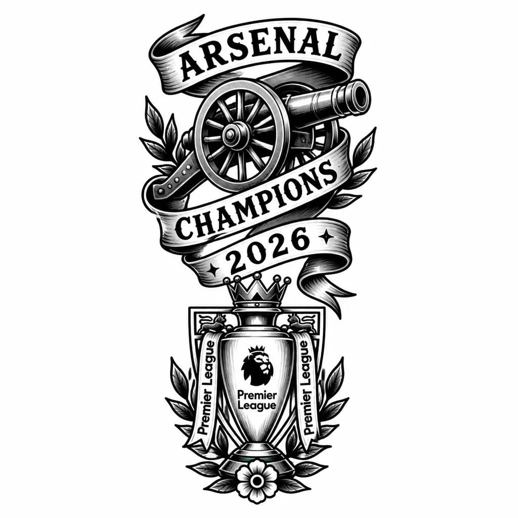 Тату эскиз: Лондонский арсенал чемпион Английской премьер лиги 2026
Пушка вокруг которой извиваются ленты, на которых написано champions 2026. Снизу кубок премьер лиги