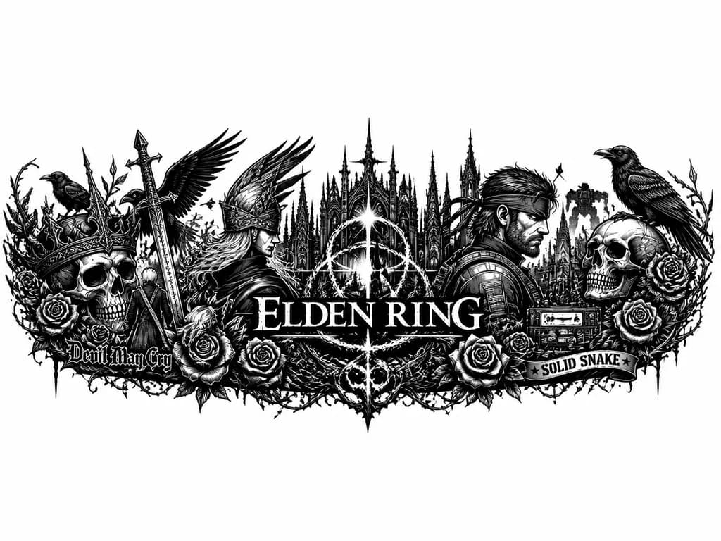 Тату эскиз: Тату на предплечье, логотип Elden ring без текста, добавить различных деталей деталей, + добавить отсылки Ha devil may cry,solid snake