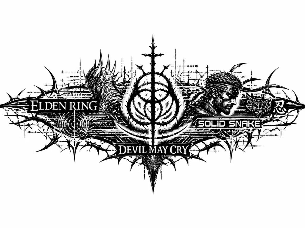 Тату эскиз: Тату на предплечье, логотип Elden ring без текста, добавить различных деталей деталей, + добавить devil may cry,solid snake