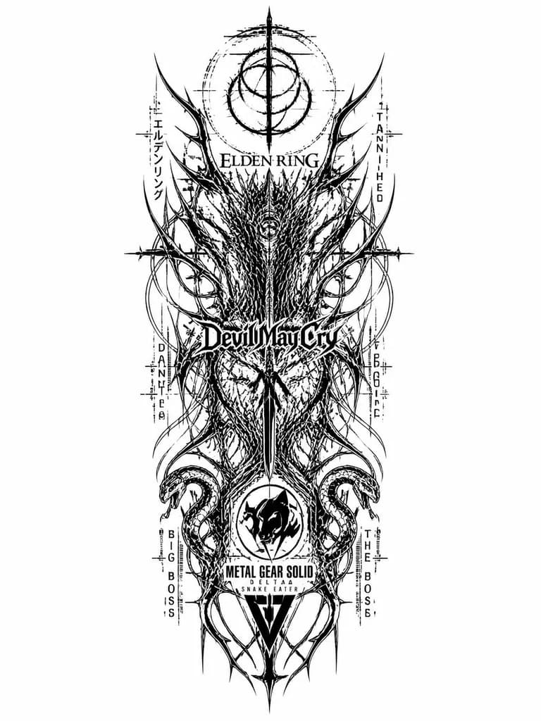 Тату эскиз: логотип Elden ring , добавить различных деталей деталей, + добавить devil may cry,логодит metal gear solid delta,сделать все без названий,