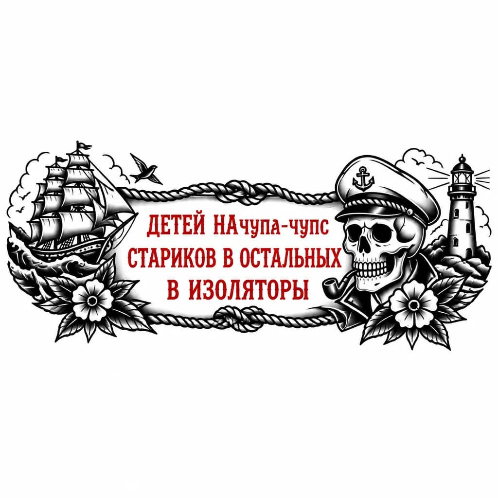 Тату эскиз: Сделай эскиз татуировки, которая будет набита от запястья до локтя. Стиль блэкворк, на татуировке будет фраза: ДЕТЕЙ НАХУЙ
СТАРИКОВ В ПИЗДУ
ОСТАЛЬНЫХ В ИЗОЛЯТОРЫ
Татуировка должна быть горизонтально руке, текст расположен в три строки. Буквы выполнены в красном цвете
