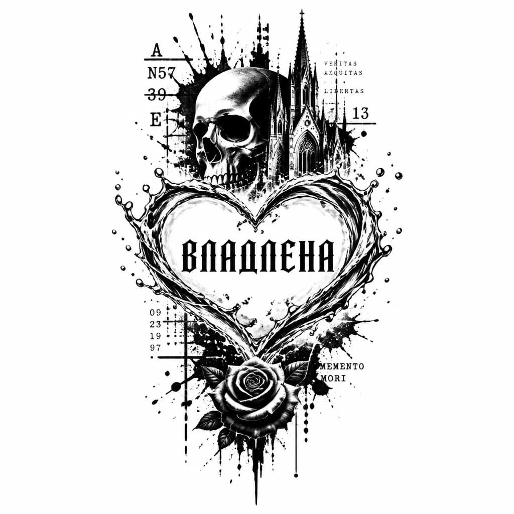 Тату эскиз: Нарисуй тату эскиз надпись владлена готическим шрифтом заглавными буквами внутри сердца контур которого выполнен кровью