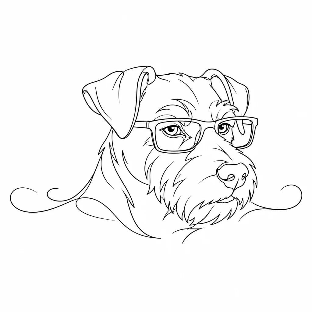 Тату эскиз: Minimalist fine line tattoo design of a Jagdterrier dog head, three-quarter turn, 3/4 view. The dog is wearing rectangular clear translucent glasses and has a bold, confident, sassy expression. Ultra clean black lines, simple linework style, no shading, no gradients. Isolated on a solid plain white background, flash art.