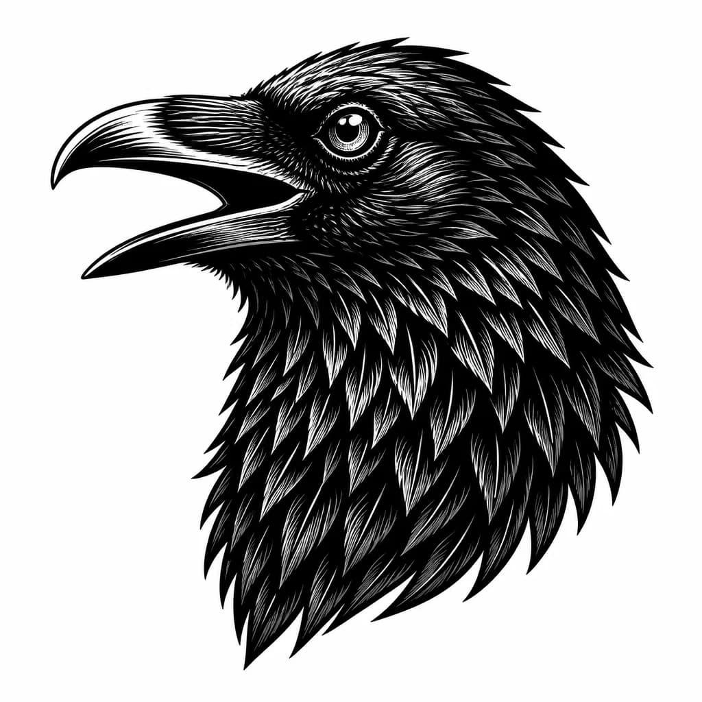 Тату эскиз: Tattoo sketch of a fierce raven head, profile view, dark black and grey ink, realistic textures, dense dark feathers, blackwork style, solid black areas, suitable for a tattoo cover up on forearm, white background.