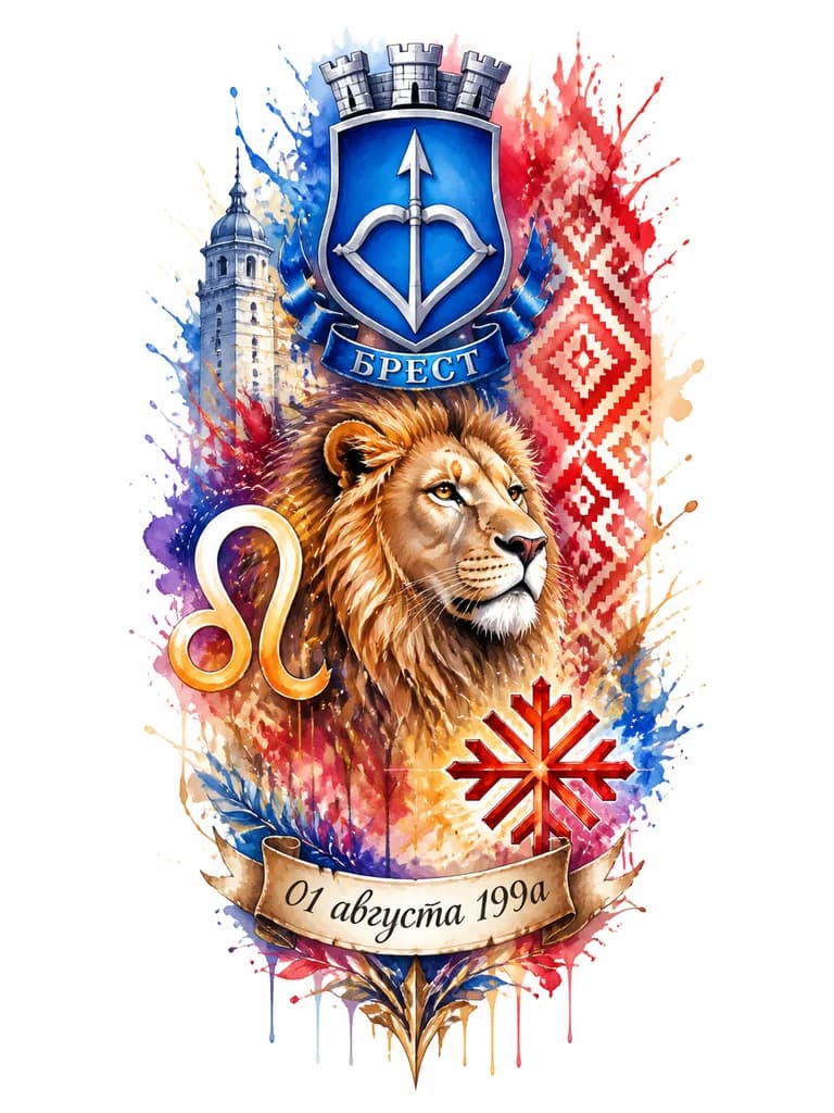 Тату эскиз: Создай тату эскиз с гербом города Бреста из Беларуси, знаком зодиака Льва, беларуским символом удачи и силы, датой рождения 01 августа 1991 года