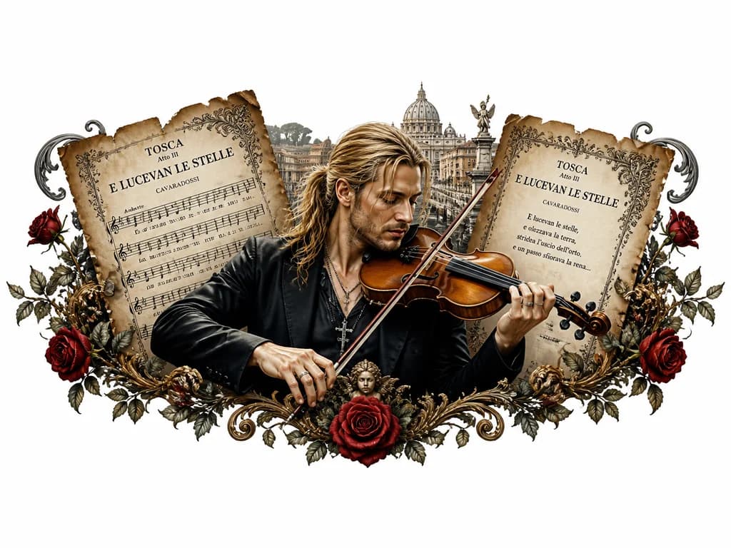 Тату эскиз: 2 винтажных нотных листа с арией e lucevan le stelle из оперы Тоска + скрипач David Garrett с длинными волосами