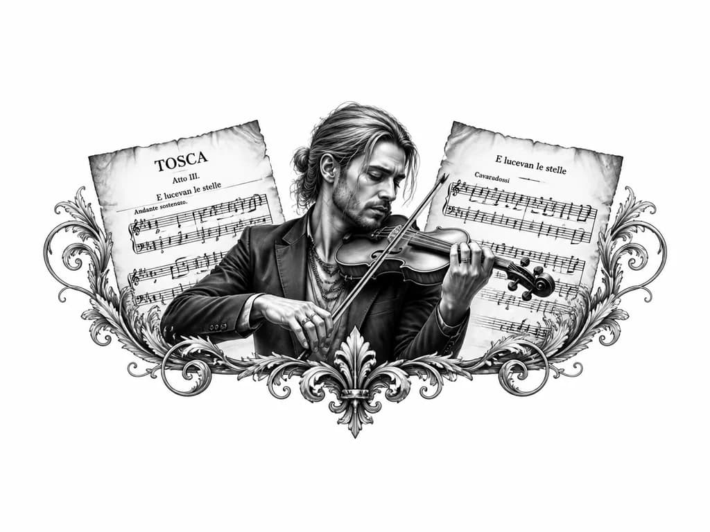 Тату эскиз: 2 винтажных нотных листа с арией e lucevan le stelle из оперы Тоска + скрипач David Garrett с распущенными волосами