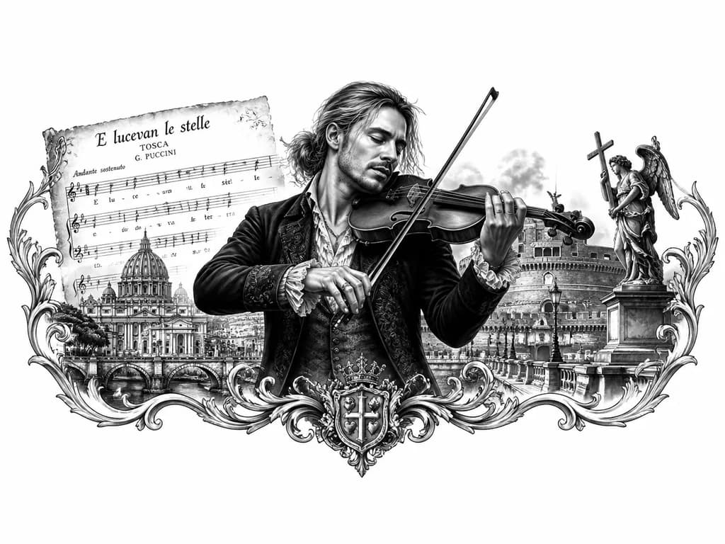 Тату эскиз: винтажный нотный лист с арией e lucevan le stelle из оперы Тоска + скрипач David Garrett с распущенными волосами в костбме 19 века + антураж Рима из оперы Тоска