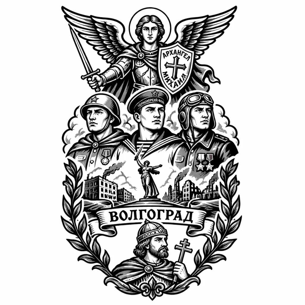 Тату эскиз: Татуировка в православном стиле
Сверху архангел Михаил
Три богатыря
Момент связанный с городом Волгоград
И князь Владимир