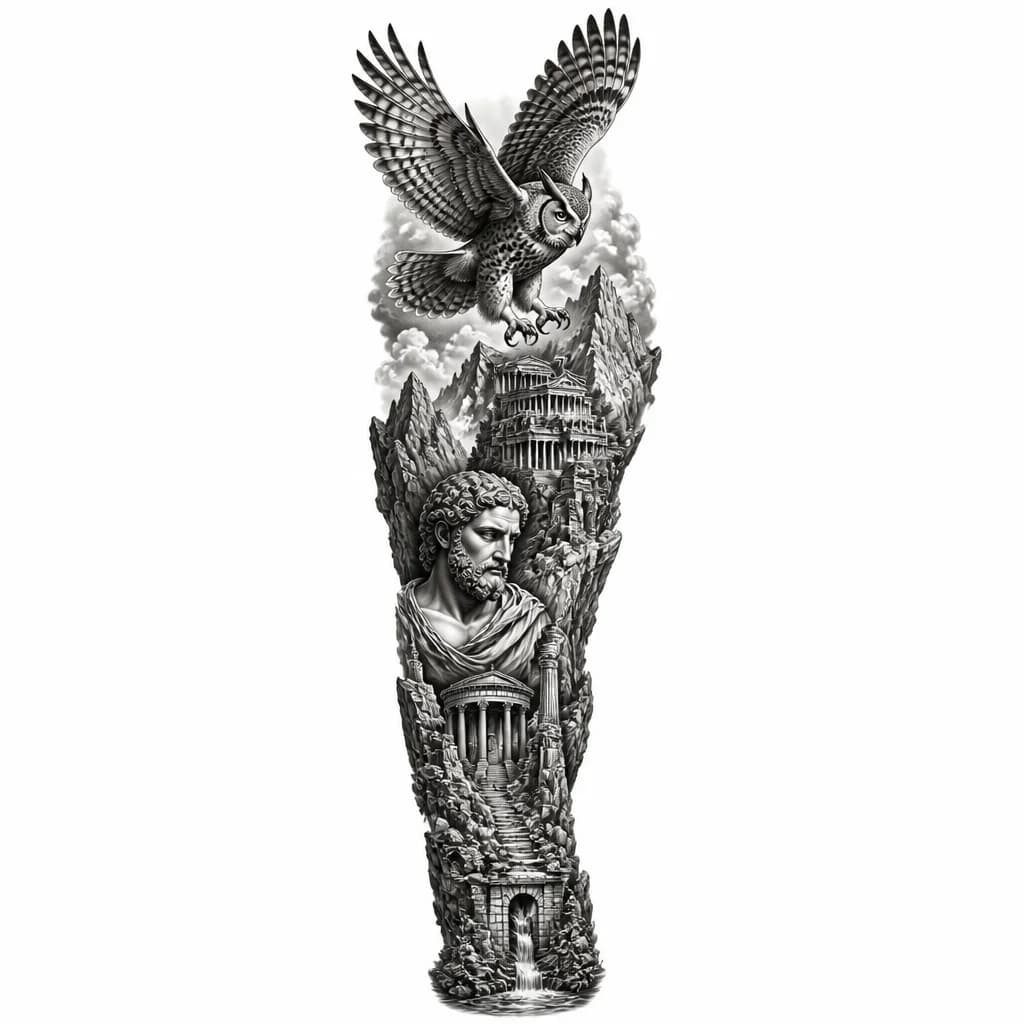 Тату эскиз: A realistic owl in flight soaring above a dramatic mountain landscape with classical statues and ancient architectural structures carved into the peaks, monochrome black and white ink drawing, highly detailed realism, architectural elements integrated with natural stone formations, professional tattoo flash sheet illustration, white background, high contrast, clean lines