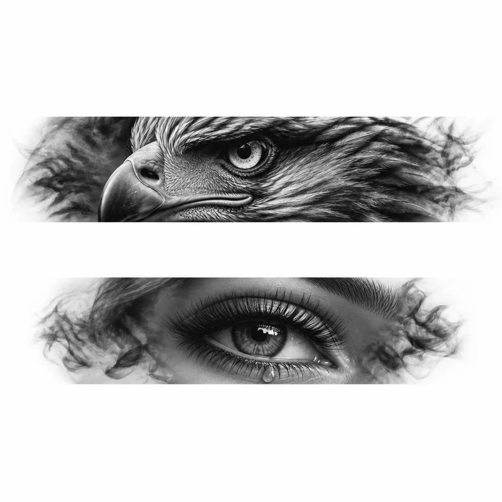 Тату эскиз: ** realism tattoo design on two human hands. Left hand: highly detailed golden eagle head in 3/4 view, sharp intense eye with bright highlights, textured feathers, dark smoky background. Right hand: hyper-realistic female eye portrait, detailed iris pattern, long volumetric eyelashes, realistic tear drop, soft skin texture around the eye. Black and grey ink, dramatic lighting, volumetric shadows, cinematic contrast, fine lines, sharp focus, masterfully crafted for a hand anatomy, 8k resolution**