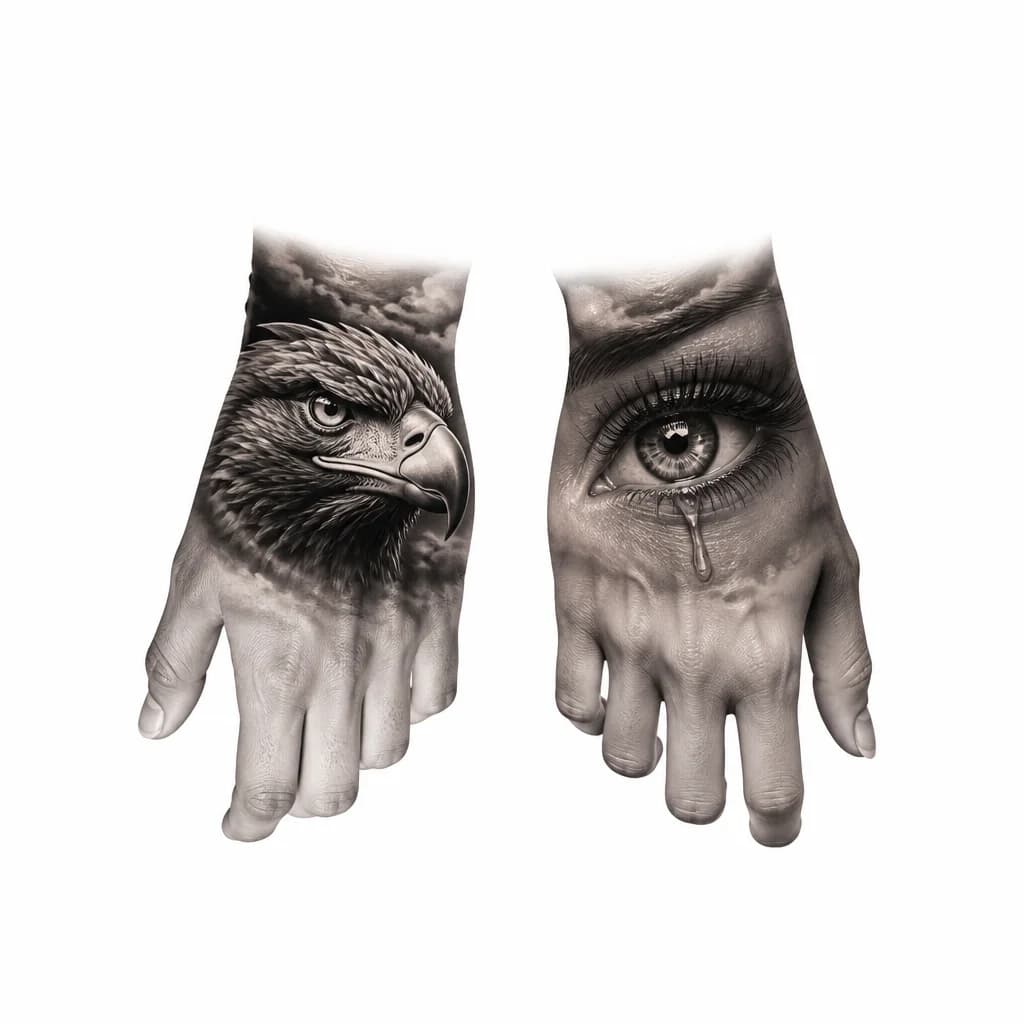 Тату эскиз: ** realism tattoo design on two human hands. Left hand: highly detailed golden eagle head in 3/4 view, sharp intense eye with bright highlights, textured feathers, dark smoky background. Right hand: hyper-realistic female eye portrait, detailed iris pattern, long volumetric eyelashes, realistic tear drop, soft skin texture around the eye. Black and grey ink, dramatic lighting, volumetric shadows, cinematic contrast, fine lines, sharp focus, masterfully crafted for a hand anatomy, 8k resolution**