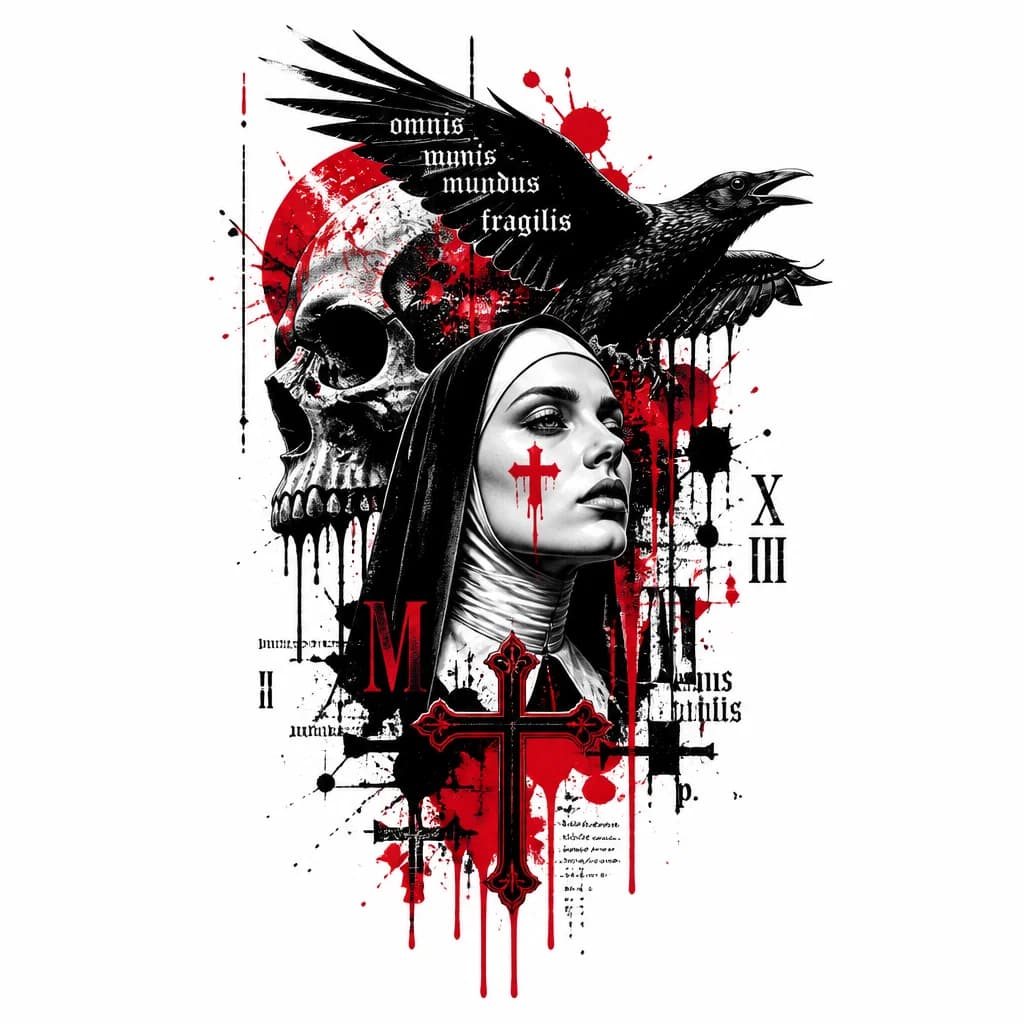 Тату эскиз: черный силуэт черепа, голова монашки с красным католическим крестом на щеке,летящий ворон на крыле которого надпись на латинском языке- весь мир бренен, красные подтеки
