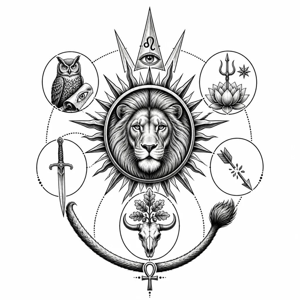 Тату эскиз: Тату-эскиз blackwork гравюра, вертикаль. Центр: солнце-диск с острыми лучами, внутри голова льва анфас. Над солнцем — корона из пяти лучей, внутри знак Льва ♌ с глазом. Вокруг солнца по кругу: сова со свитком и глазом (ум), лотос из трезубца и звезда (красота), меч, сломанная стрела, дуб на черепе быка (смелость). Снизу арка из хвоста льва с анком. Чёрная линия, точечная тень, симметрия, без фона.