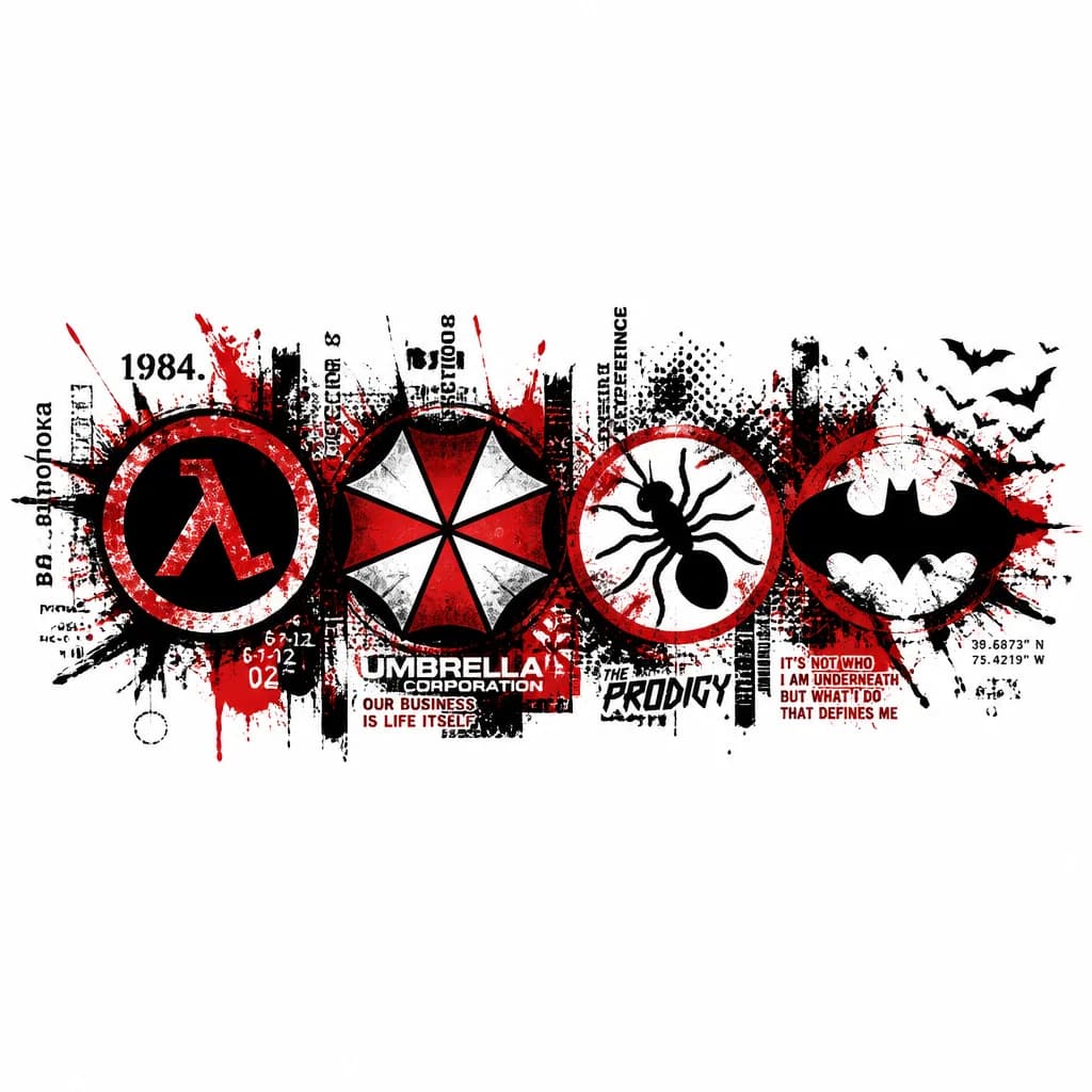 Тату эскиз: 4 символа - логтоп Half-life, логотип Корпорации Umbella, муравей Prodigу, символ Бэтмена. Расположены рядм, частично переплетаются.
