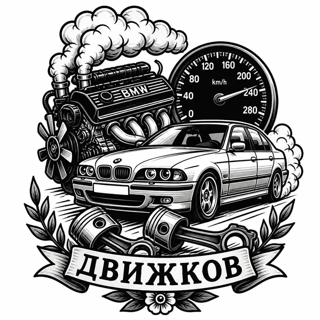 Тату эскиз: Хочу дымящийся двигатель, рядом с ним едет старая БМВ е39, рядом лежащие поршни, спидометр который указывает на скорость 240 км/ч, и на общем плане надпись УБИЙЦА ДВИЖКОВ