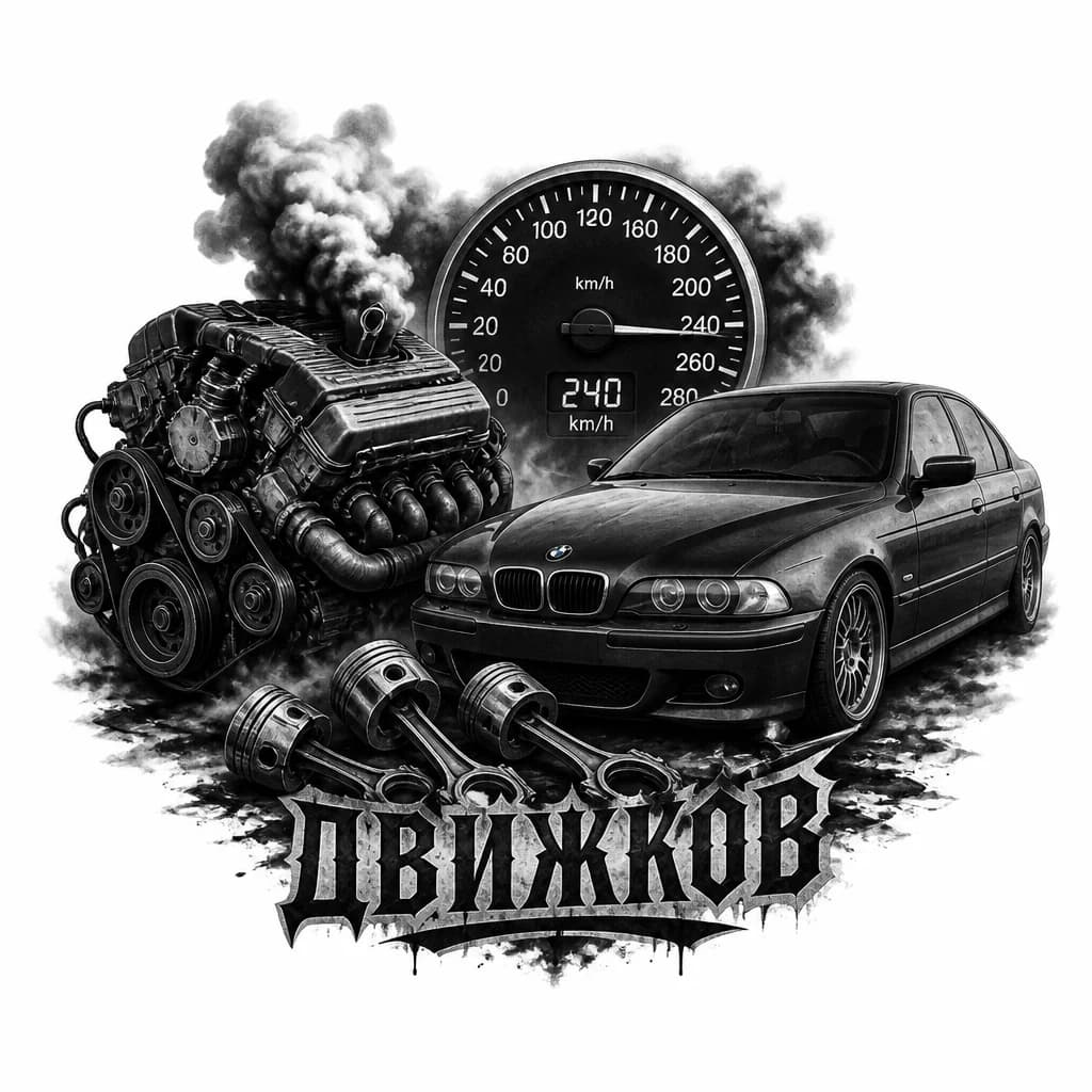 Тату эскиз: Хочу дымящийся двигатель, рядом с ним едет старая БМВ е39, рядом лежащие поршни, спидометр который указывает на скорость 240 км/ч, и на общем плане надпись УБИЙЦА ДВИЖКОВ
